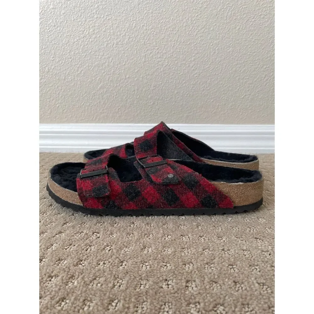 Birkenstock Arizona Shearling Sandals Men 45 US‎ 12 Red Black Wool Adjustable